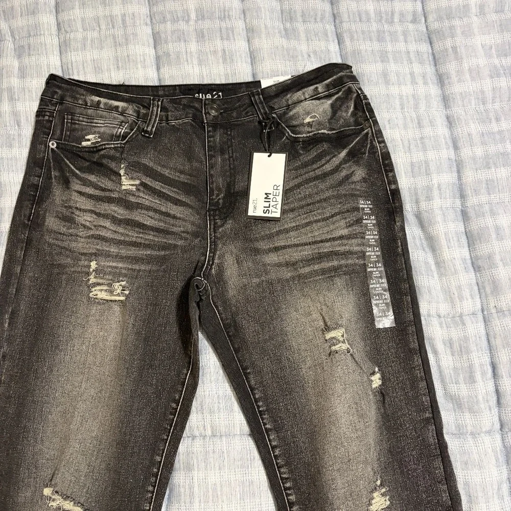 Rue21 Jeans Slim Taper Distressed Mens 34x34 Washed Black Denim Supreme Flex NWT